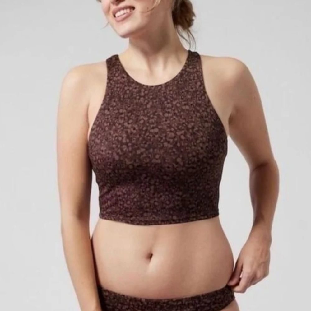 Athleta Conscious Crop Bikini Top Flora Camo Decadent Chocolate size Medium D-DD